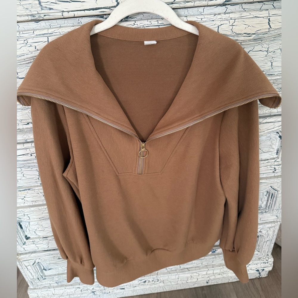 Oversized half zip Long Sleeve brown Pullover top